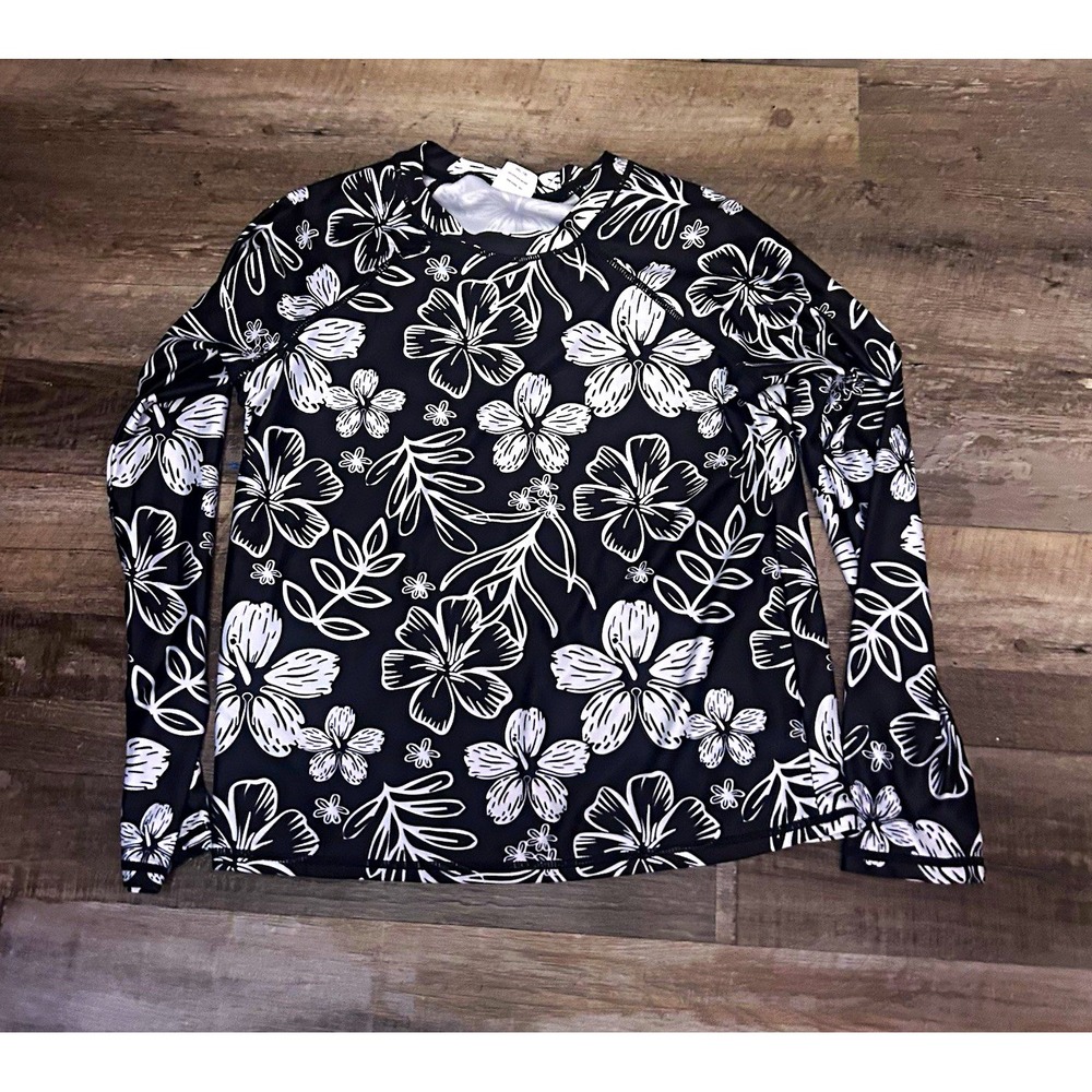 Wonder Nation Black White Floral Pullover Top Round Neck Long Sleeve XXL (18)